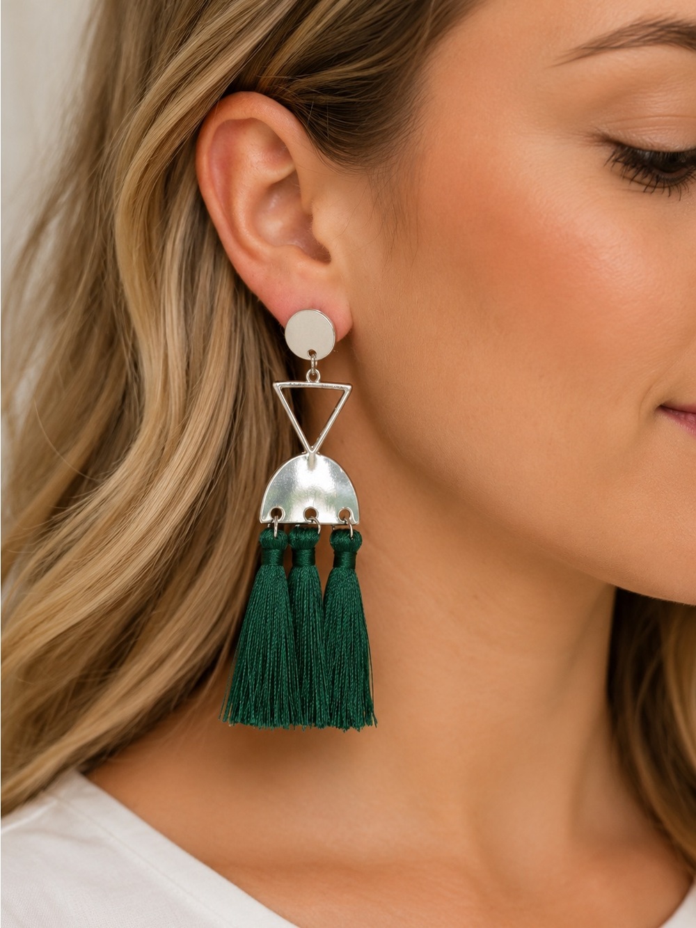 Silver & Emerald Green Tassel Drop Earrings - Women Jewelry